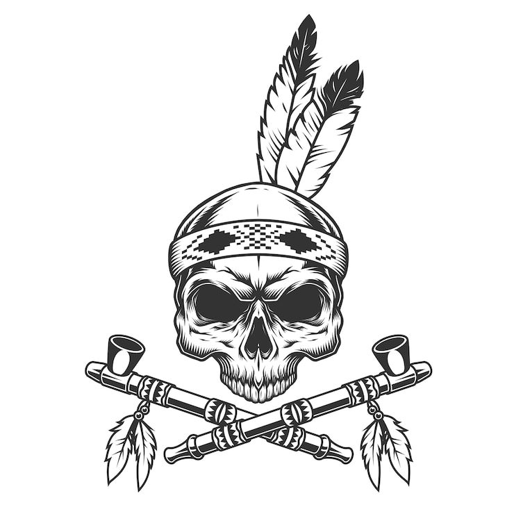 Ücretsiz Vektör vintage monochrome skull with indian feathers