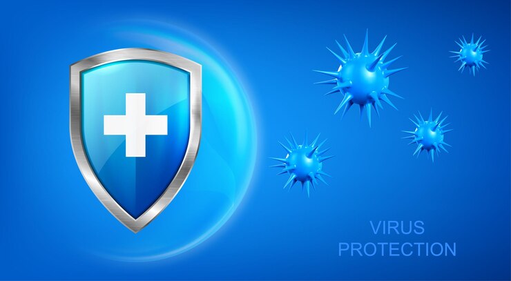 Ücretsiz Vektör virus protection background with shield and bacteria piked cells flying on blue background