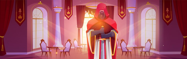 Ücretsiz Vektör warrior in castle dining room with table and royal chair medieval palace banquet hall cartoon background luxury victorian mansion ballroom for party furniture knight with sword plan insurgency