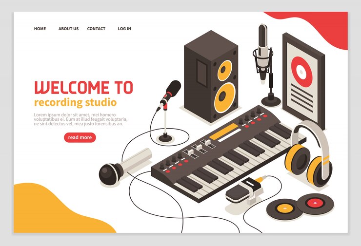 Ücretsiz Vektör welcome to recording studio poster with musical instruments microphones headphones amplifier compact disc isometric  icons
