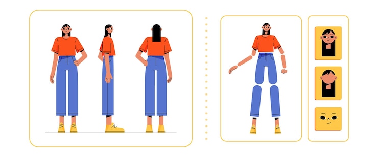 Ücretsiz Vektör woman character animation set with parts of body