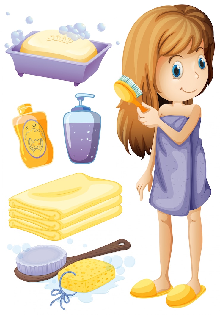 Ücretsiz Vektör woman combing hair and bathroom set illustration