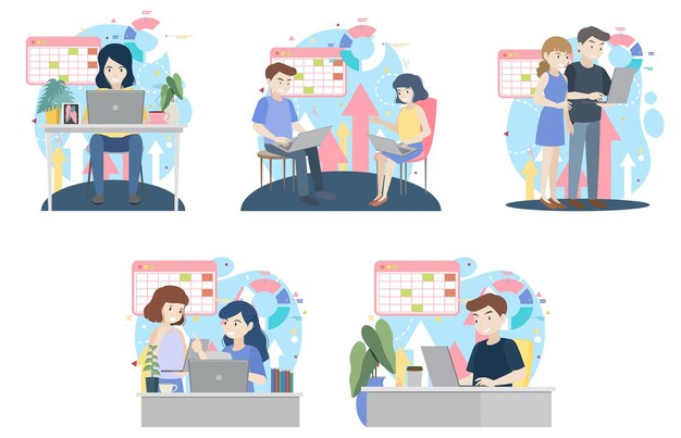 working characters flat design for web banner