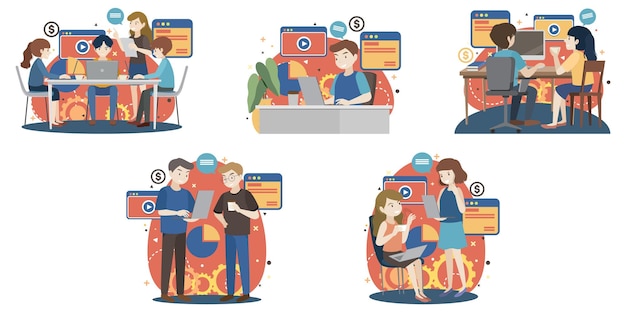 working characters flat design for web banner