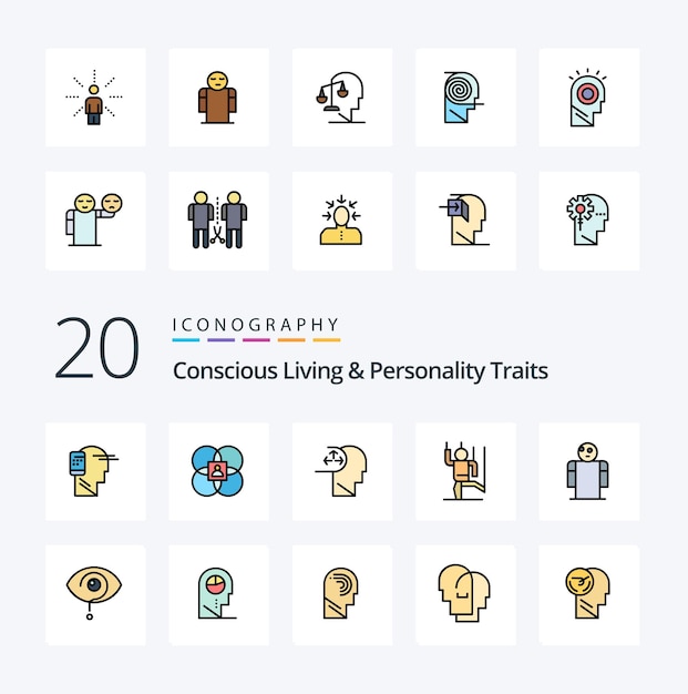 Vecteur gratuit 20 concious living and personality traits line filled color icon pack comme manipuler le modèle de commande homme de commande