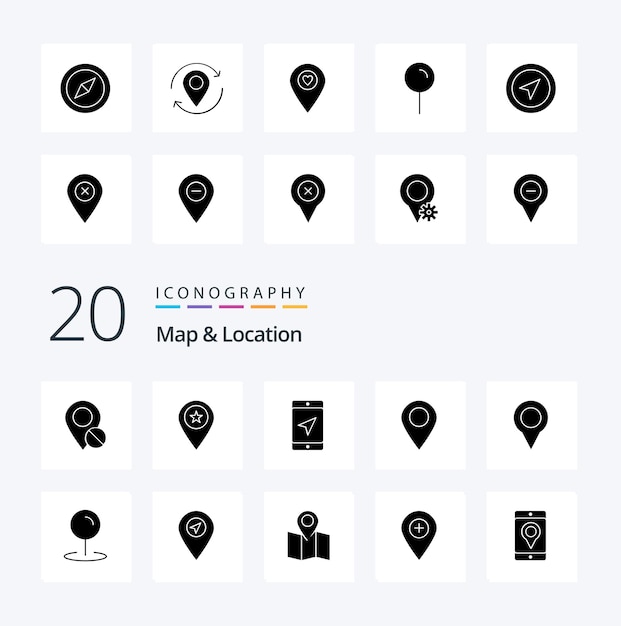 20 Emplacement de la carte Icône de glyphe solide Pack comme la carte d'emplacement du marqueur de carte