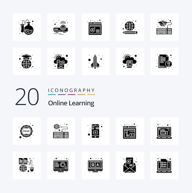 20 Onsolid Glyph Learning Pack D'icônes Solid Glyph Comme L'éducation En Ligne Mobile D'étude En Ligne