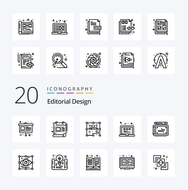 Vecteur gratuit 20 pack d'icônes de la ligne de conception éditoriale comme l'art voir la rédaction de la mise en page écrire
