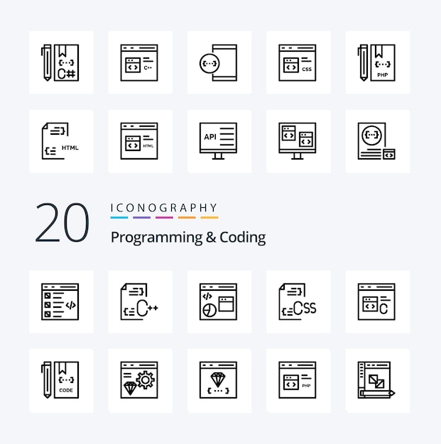 Vecteur gratuit 20 pack d'icônes de ligne de programmation et de codage comme développer la programmation de développement de codage développer