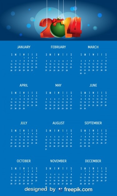 Vecteur gratuit 2014 bleu calendrier avec boule de noël