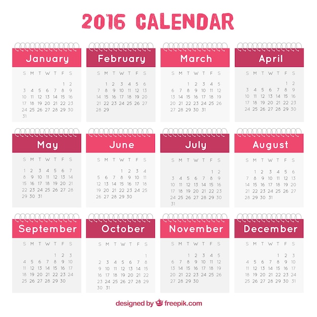 Vecteur gratuit 2016 calendrier dans les tons rose