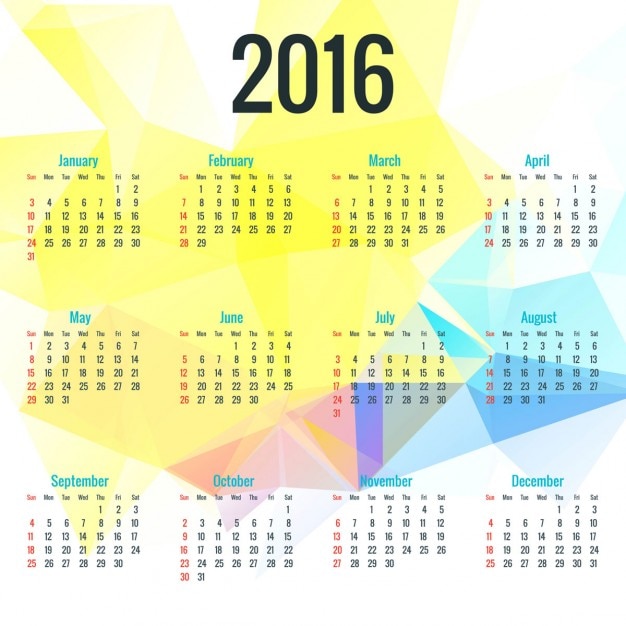 Vecteur gratuit 2016 calendrier sur fond polygonale