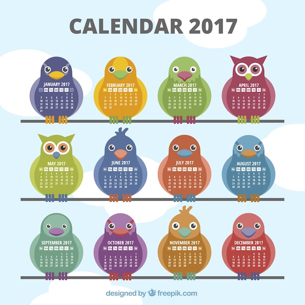 2017 Calendrier Avec Différents Types D'oiseaux