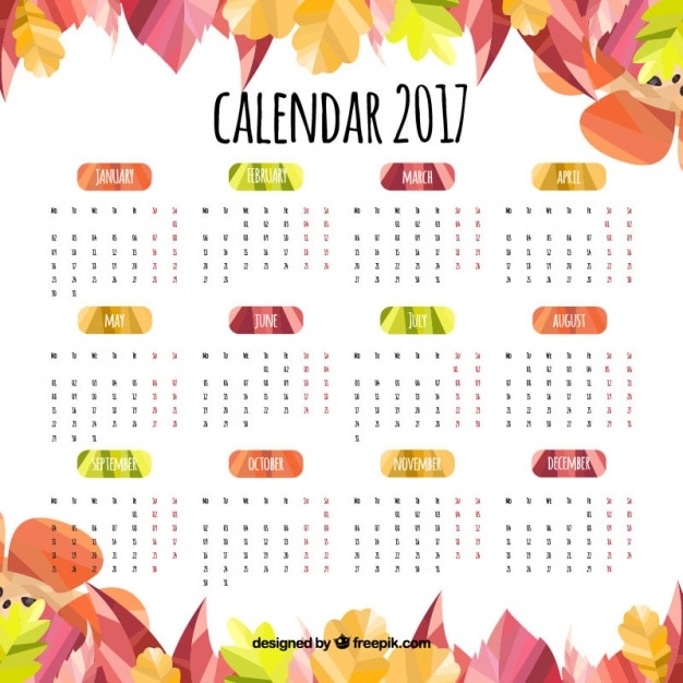 Vecteur gratuit 2017 calendrier avec des feuilles colorées