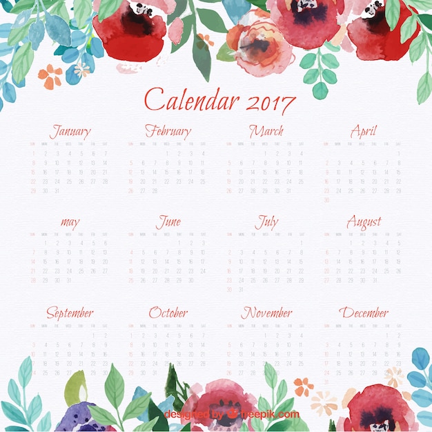 Vecteur gratuit 2017 calendrier avec des fleurs à l'aquarelle