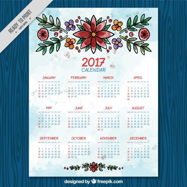 2017 Calendrier Avec Des Fleurs Dans Le Style D'aquarelle