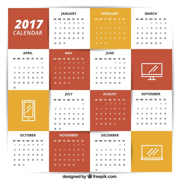 Vecteur gratuit 2017 modèle de calendrier avec des icônes