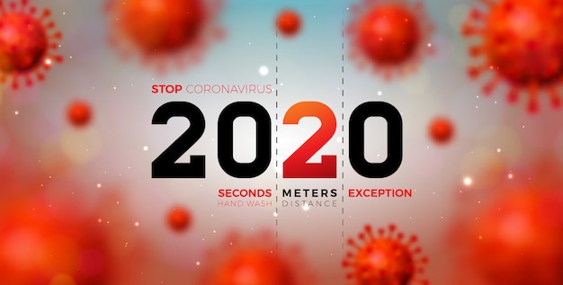 2020 Stop Coronavirus Design with Falling Covid-19 Virus Cell on Light Background. 2019-ncov Corona Virus Outbreak Illustration. Restez à la maison, restez en sécurité, lavez-vous les mains et prenez vos distances.