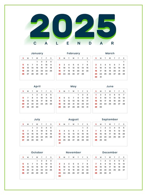 2025 modèle de calendrier annuel minimal bureau ou mur