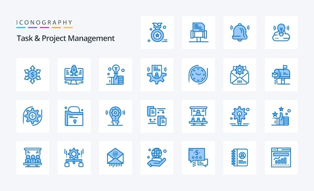 25 Pack d'icônes bleues de gestion de tâches et de projets Illustration d'icônes vectorielles