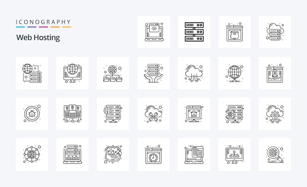 25 Pack d'icônes de ligne d'hébergement Web Illustration d'icônes vectorielles
