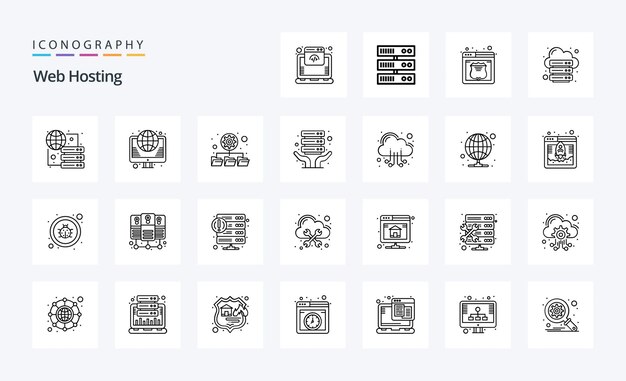 25 Pack d'icônes de ligne d'hébergement Web Illustration d'icônes vectorielles