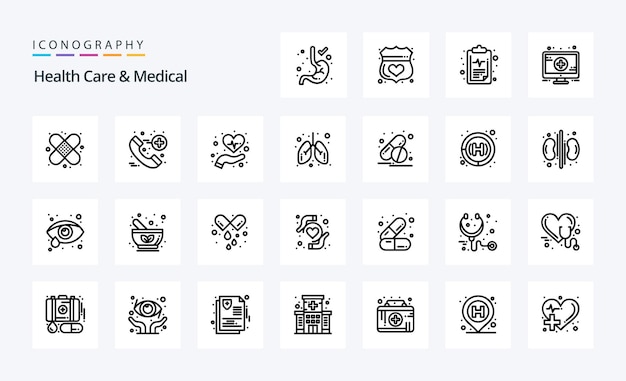 25 Pack d'icônes de soins de santé et de ligne médicale Illustration d'icônes vectorielles