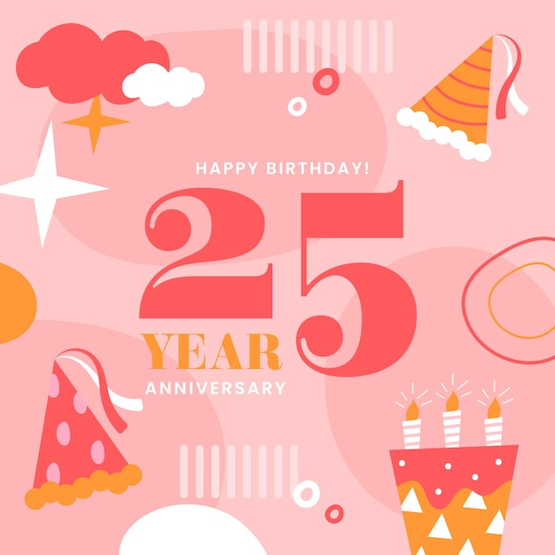 Vecteur gratuit 25e anniversaire ou carte d'anniversaire dessinée à la main