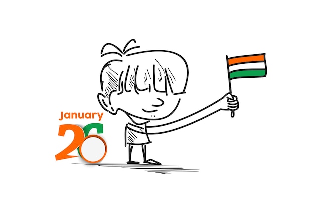 26 Janvier Jour De La République Concept Un Garçon Avec La Main Tenant Le Drapeau Indien. Fond De Vecteur De Dessin Animé.