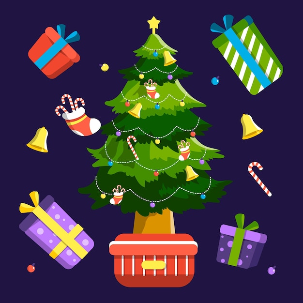 Vecteur gratuit 2ème arbre de noël avec des cadeaux