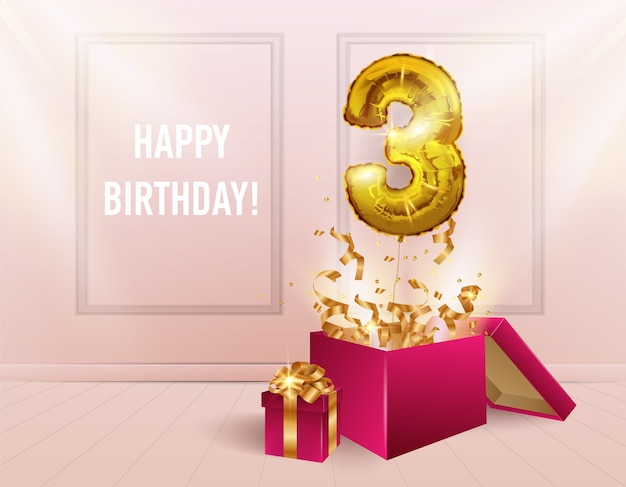 3 Ans Avec Un Ballon D Or La Celebration De L Anniversaire Des Ballons Avec Des Confettis Etincelants Sortent De La Boite Numero 3 Sur Le Fond De La Piece Anniversaire Ou Decorations De 3 Ans Avec Un Ballon D Or La Celebration De L Anniversaire Des Ballons Avec Des Confettis Etincelants Sortent De La Boite Numero 3 Sur Le Fond De La Piece Anniversaire Ou Decorations De