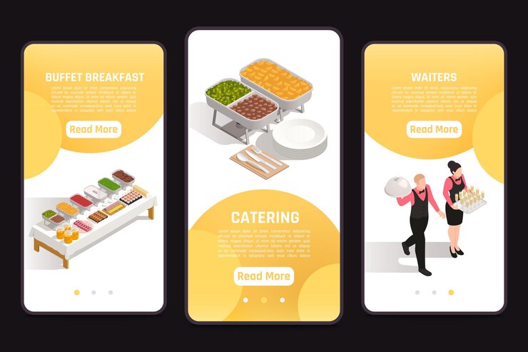Vecteur gratuit 3 bannières d'écran mobile avec illustration de buffet et de serveurs