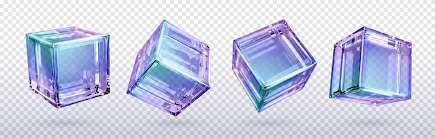 Vecteur gratuit 3d cristal lumière holographique verre cube vecteur icône isolée forme de bloc translucide géométrique réaliste sertie de réfraction de l'hologramme violet sur une vue différente clipart de matériau dégradé futuriste