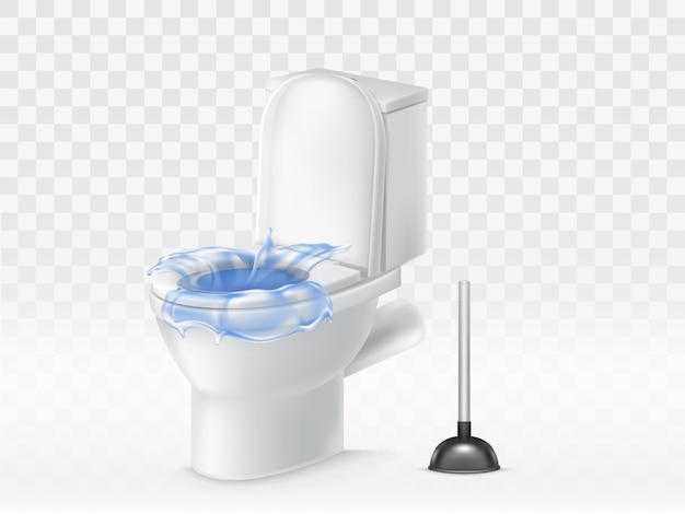 3d cuvette de toilette réaliste bouché plein d&#39;eau. Plunger a dégagé le wc. Éclabousser, flush