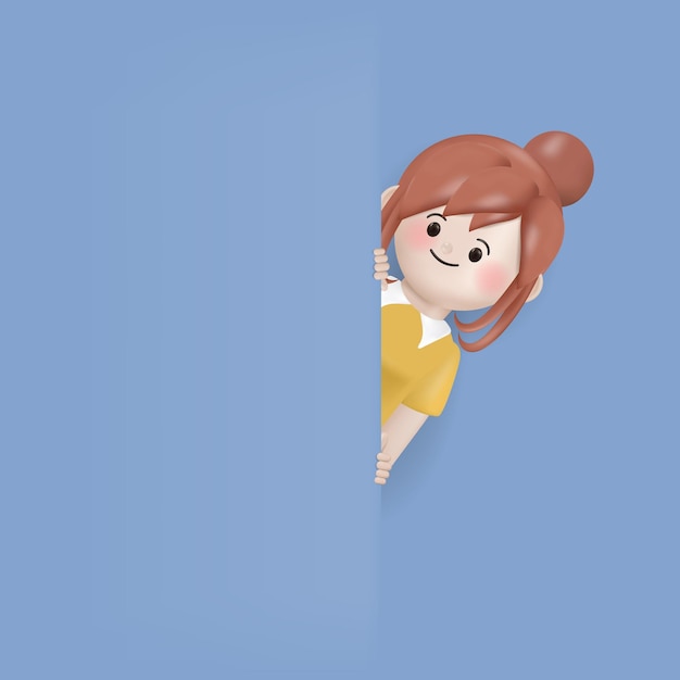 Vecteur gratuit 3d illustration dessin animé jeune femme derrière le personnage de mur