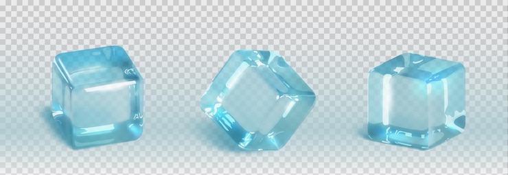 Vecteur gratuit 3d morceau de glaçon d'eau vecteur réaliste isolé ensemble d'objets de boisson cocktail congelé bleu translucide collection de boissons aqua glaciaires claires bulle de cristal froide et givrée claire avec réflexion de la lumière