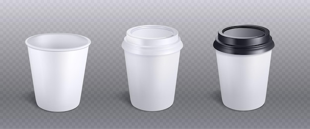 Vecteur gratuit 3d papier blanc tasse à café isolé vecteur maquette boisson jetable maquette pour expresso chaud à emporter du café avec couvercle noir en plastique cappuccino emballage en carton conteneur rendu illustration de conception