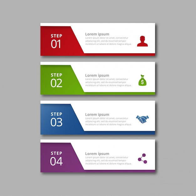 Vecteur gratuit 4 étapes d'infographie avec des couleurs rouge-vert bleu et violet