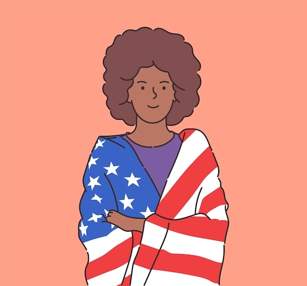 4 juillet, fête de l'indépendance, liberté, démocratie heureuse jeune femme afro-américaine enveloppée dans le drapeau des états-unis illustration vectorielle plane