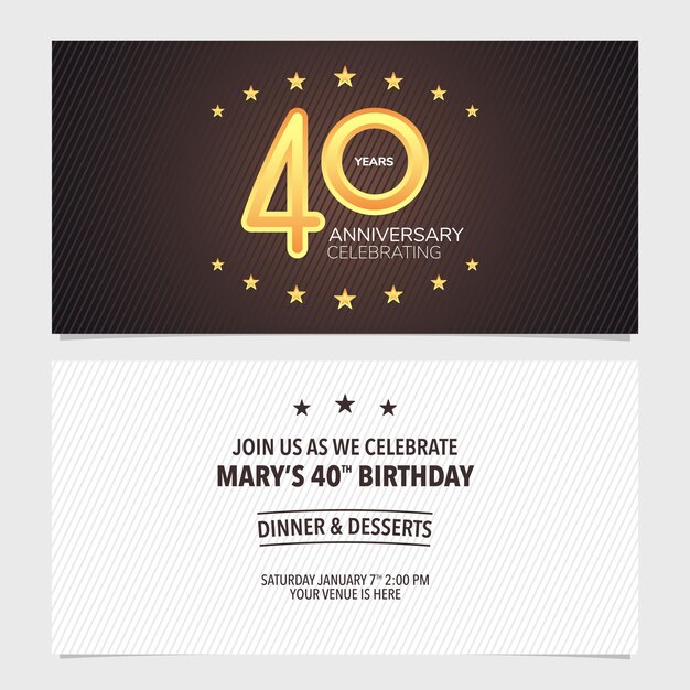Invitation D Anniversaire De 40 Ans A L Illustration Vectorielle De Celebration Element De Design Graphique Avec Nombre D Or Pour La 40e Carte D Anniversaire Invitation A Une Fete Vecteur Premium