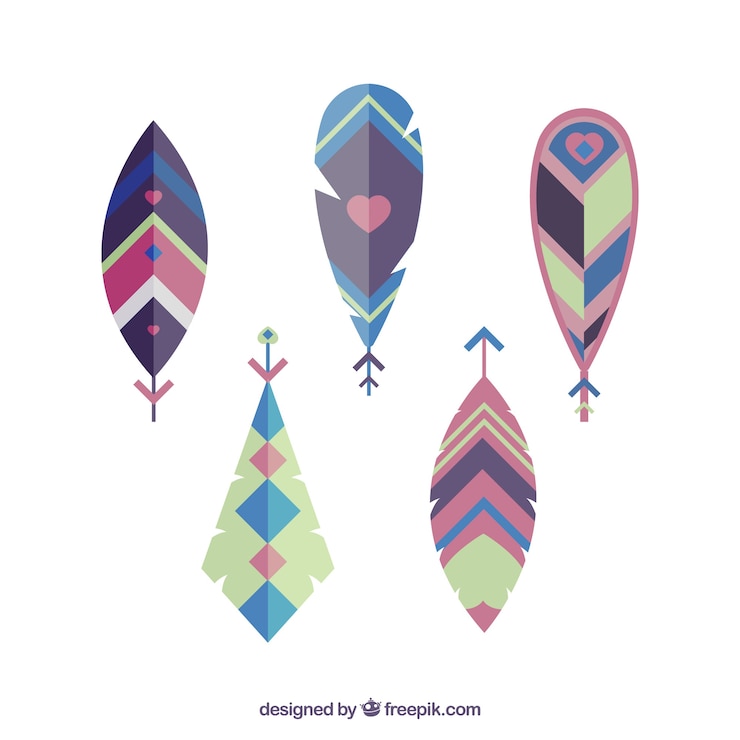 Vecteur gratuit 5 plumes peintes avec des motifs ethniques