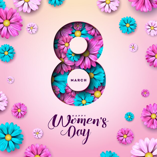 8 mars. Carte de voeux floral Happy Womens Day.