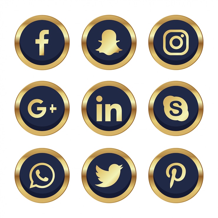 Vecteur gratuit 9 réseaux sociaux avec des détails dorés