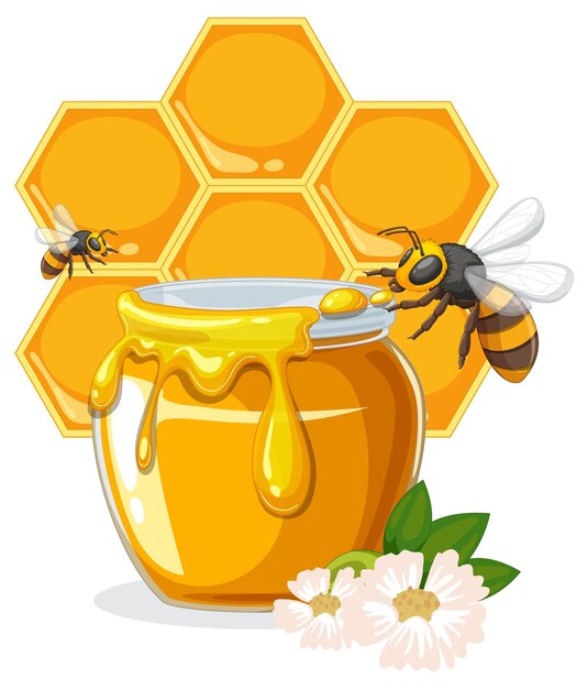 Les abeilles et le nid de miel avec le pot de miel
