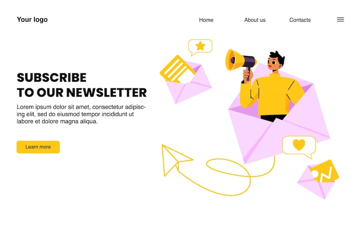Vecteur gratuit abonnez-vous à notre newsletter page de destination e-mail actualités abonnement blog messages de mise à jour soumettre avec le promoteur crier au haut-parleur dans une énorme enveloppe marketing médias entreprise dessin au trait vecteur bannière web