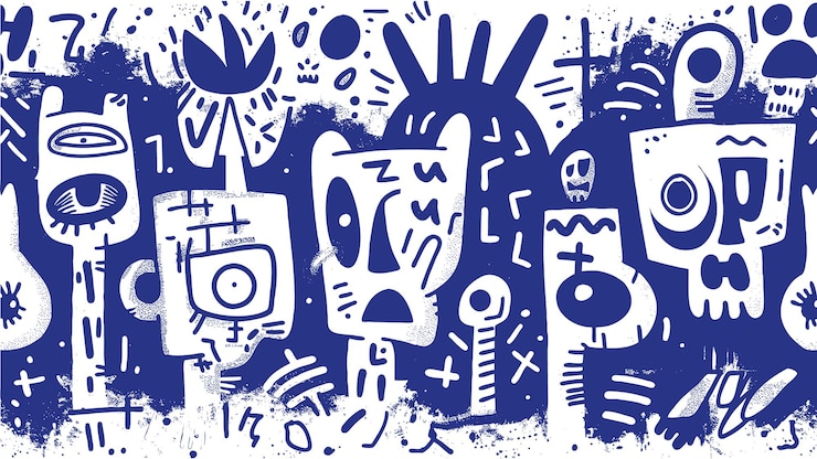 Vecteur gratuit l'abstraction bleue et blanche de l'art griffonné de keith haring