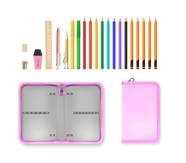 Vecteur gratuit accessoires d'école réaliste ouvert et fermé étui à crayons vide isolé sur fond blanc illustration