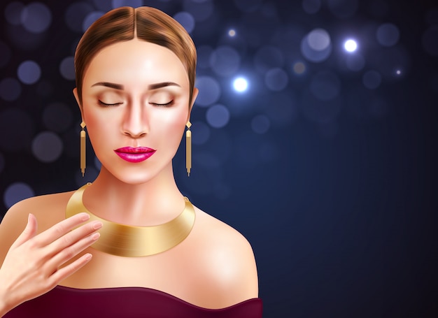 Accessoires femme et bijoux avec boucles d'oreilles dorées et collier illustration réaliste