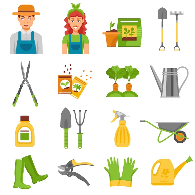 Vecteur gratuit accessoires de jardinier outils plats icons set