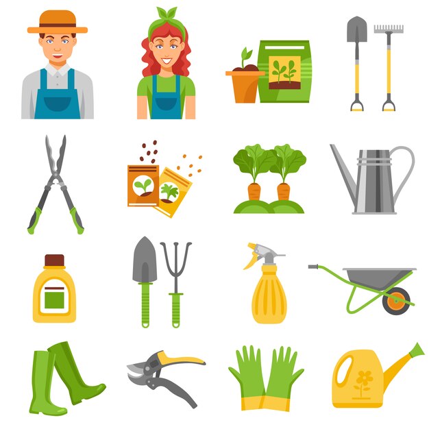 Accessoires de jardinier outils plats Icons Set